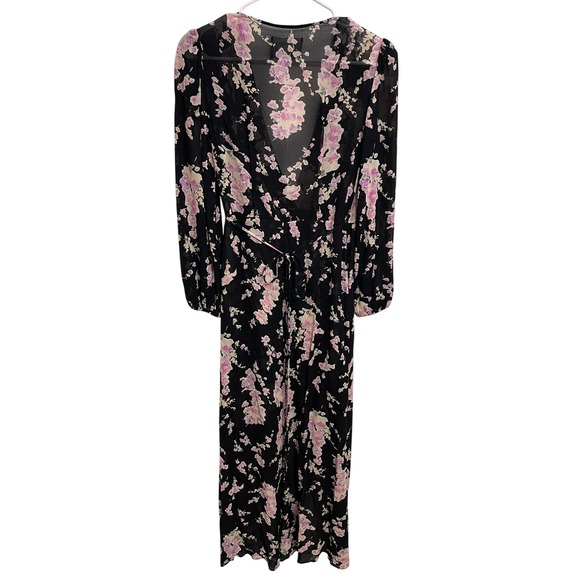 Reformation Black Floral Wrap Maxi Dress Size S Long Sleeve Romantic Cottagecore - Picture 3 of 5
